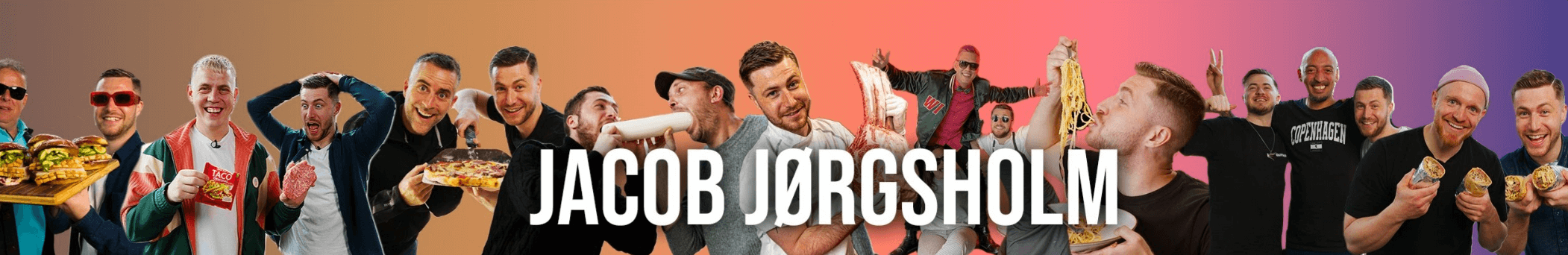 YouTube banner med Jacob og mange af hans gæster på kanalen. Blandt andet Martin Jensen.